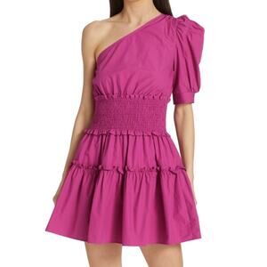 En Saison Celia Pink One Shoulder Puff Sleeve Smocked Mini Dress Size Medium